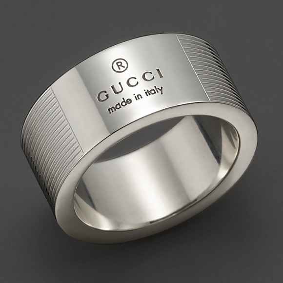 Gucci Ring Band Trademark Logo Silver Size 14 US 6.5 Ridges Stripes Grooves $425